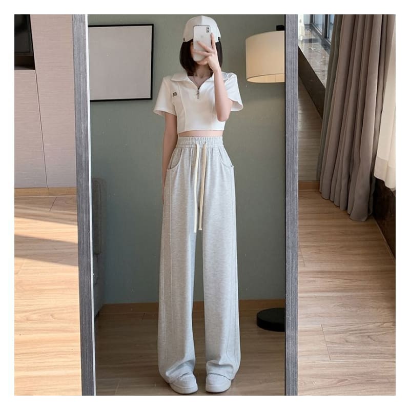 Drawstring Waist Plain Wide Leg Sweatpants