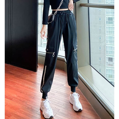 Drawstring Waist Striped Harem Cargo Pants