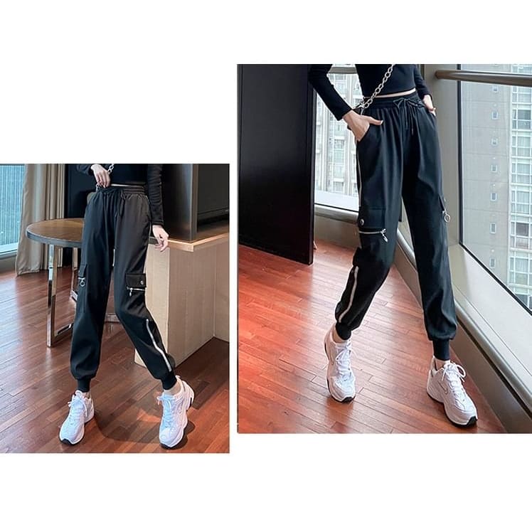 Drawstring Waist Striped Harem Cargo Pants