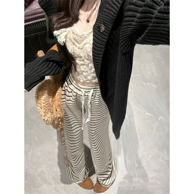 Drawstring Waist Striped Wide Leg Pants