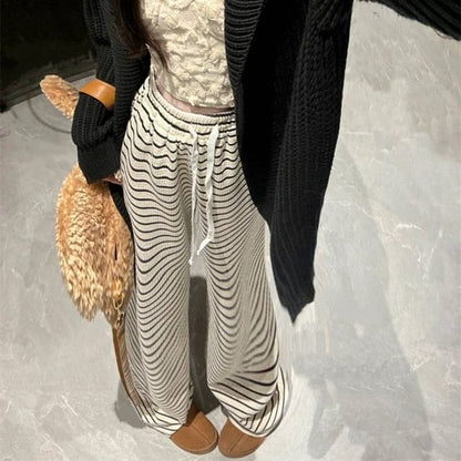 Drawstring Waist Striped Wide Leg Pants