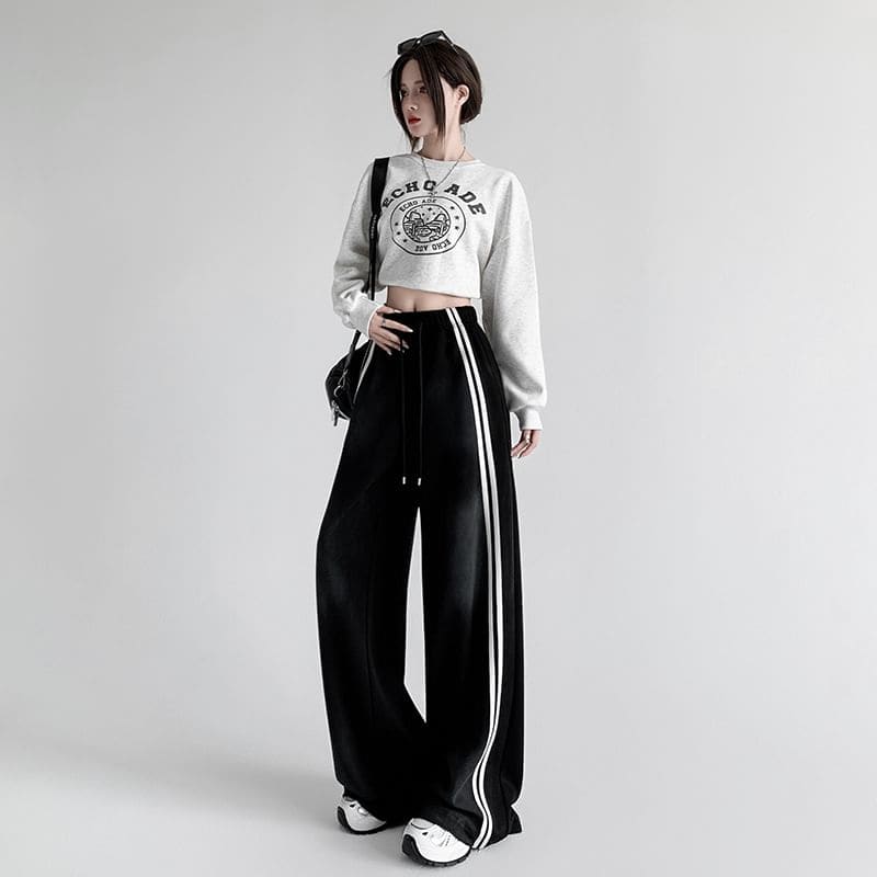 Drawstring Waist Striped Wide Leg Sweatpants