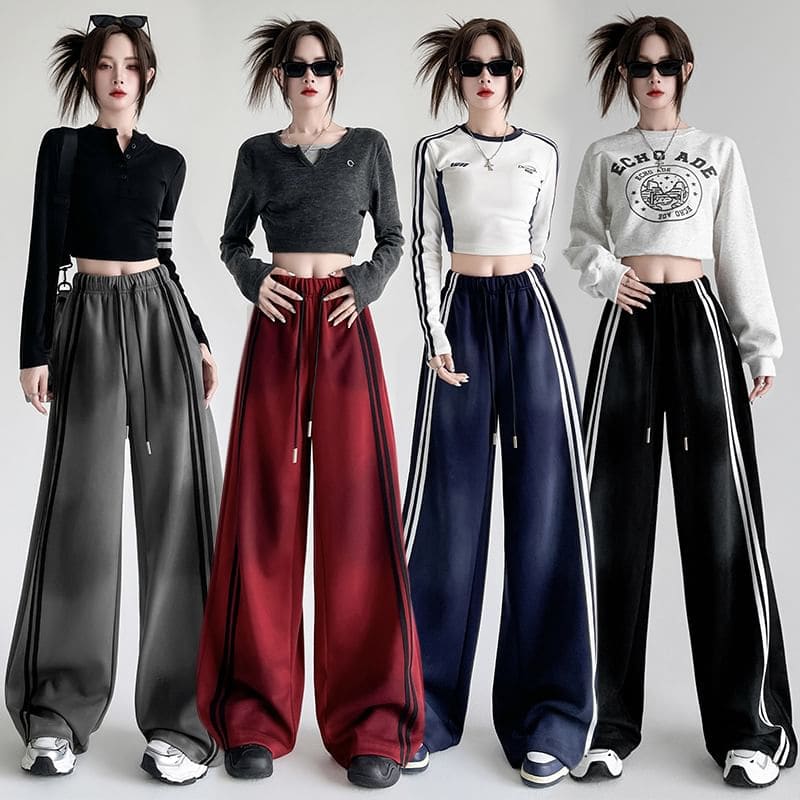 Drawstring Waist Striped Wide Leg Sweatpants