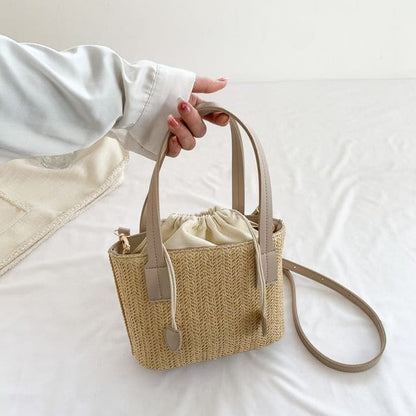 Drawstring Woven Bucket Bag - Khaki / One Size