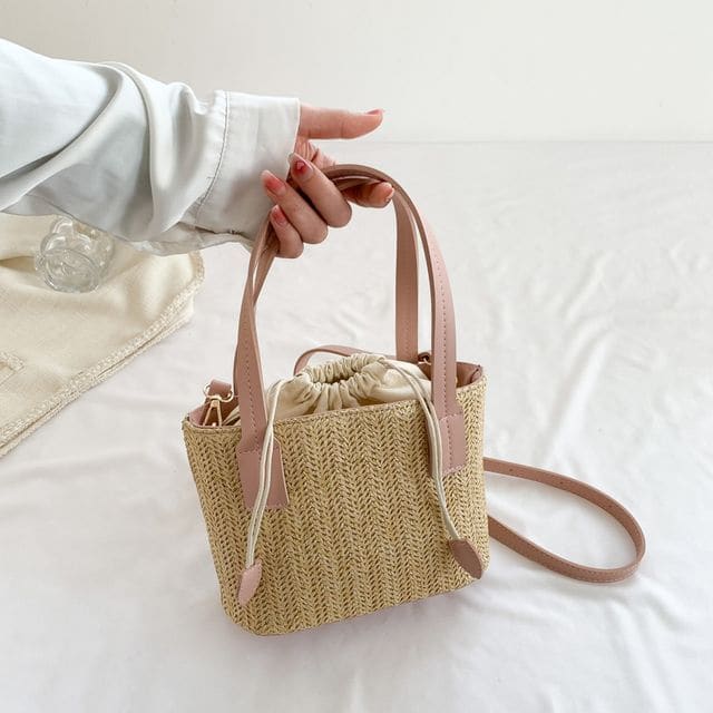 Drawstring Woven Bucket Bag - Pink / One Size