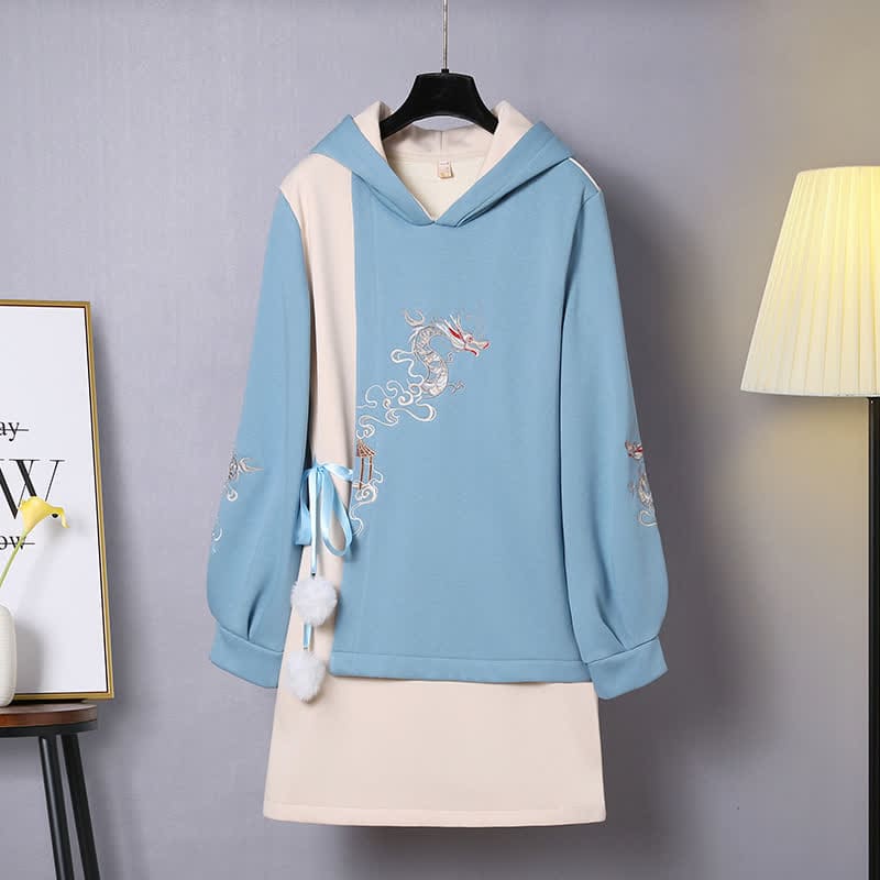 Drogon Embroidery Lace Up Plush Hooded Sweatshirt Dress