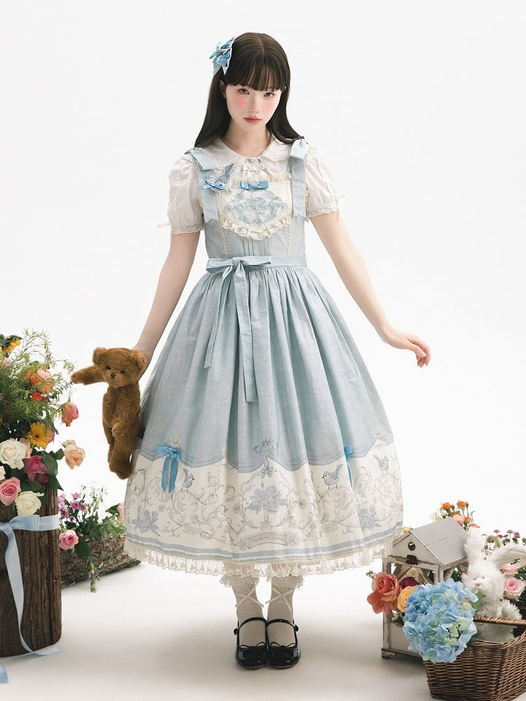 Floral Lolita Blue and Titmouse Print Skirt Jumper