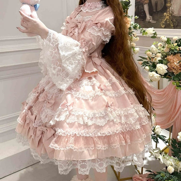 Princess Bow High Lolita Sleeves Sweet Accents Waist with Pink Dress Detachable