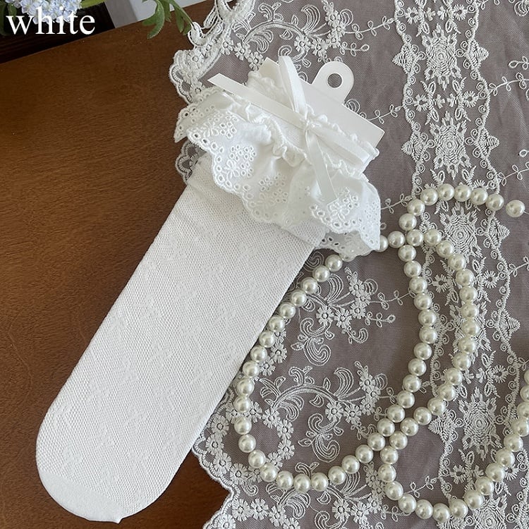 Black/White/Apricot Lace Socks Hollow-out Trim Bowknot Details