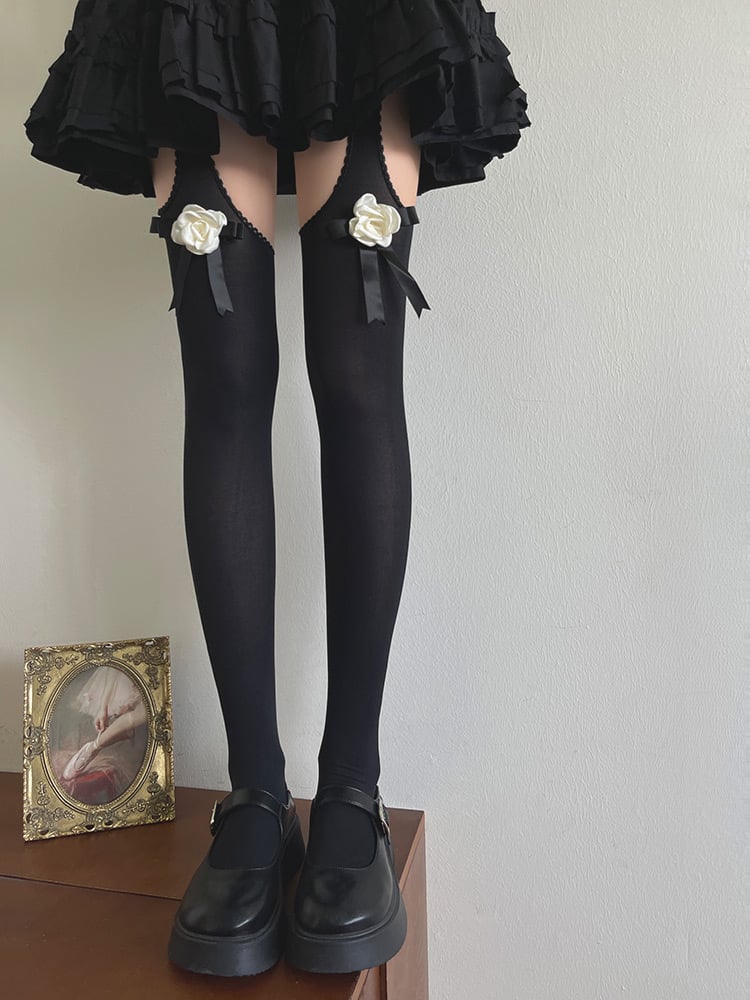 Tights Suspender Camellia Bowknot Black/White