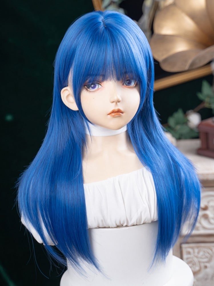 Straight Length 63CM Blue Full Wig With Bangs