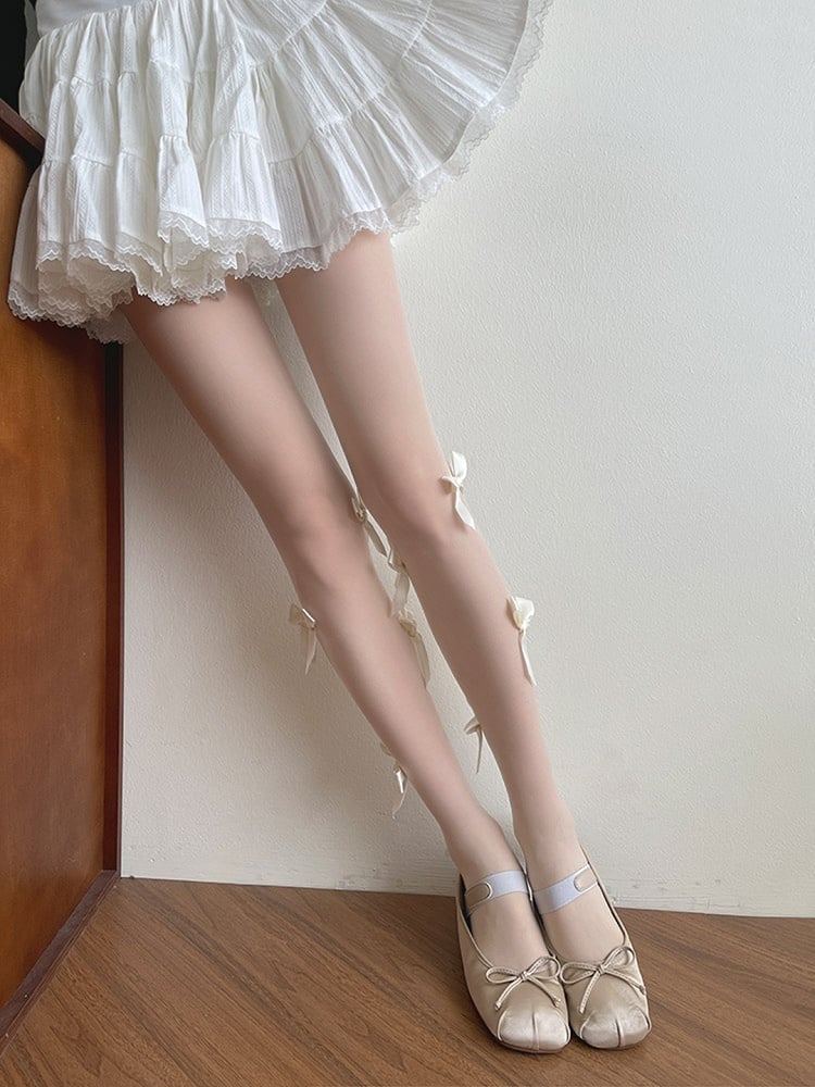 White Lolita Details Bowknot Tights Semi-sheer