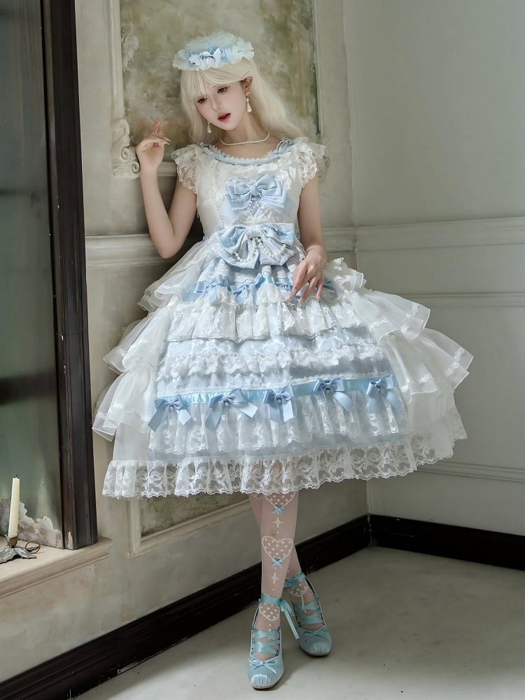 Dress Bows Lolita Full Skirt Blue White Decoration JSK Set Tiered and Hime Hanayome