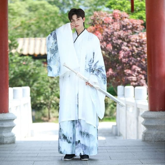 Eagle Print Hanfu Robe / Long - 1 Pc - Robe - White / S