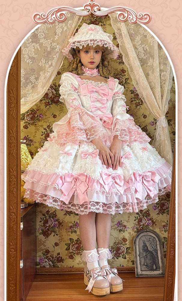 with Pink White Sweet Dress High Waist Lolita Bow Accents Detachable Sleeves Princess