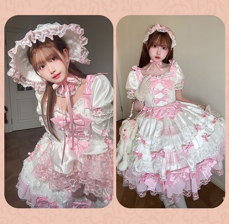 with Pink White Sweet Dress High Waist Lolita Bow Accents Detachable Sleeves Princess