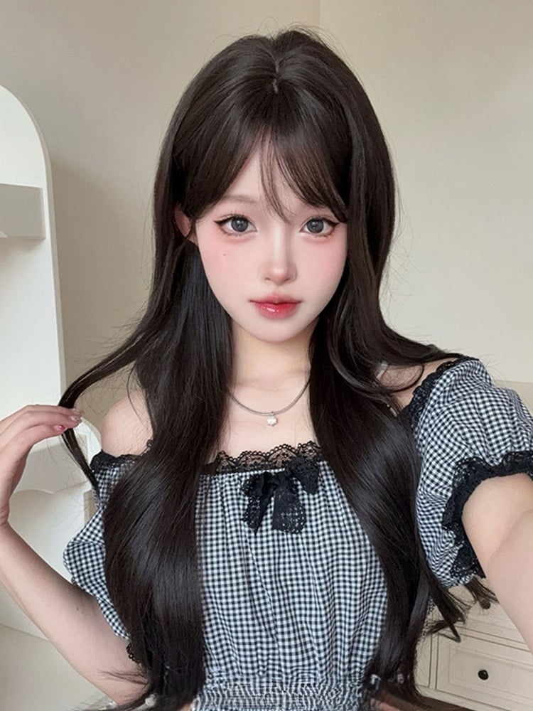 73CM With Wig Length Bangs Black Curtain Tea Wavy
