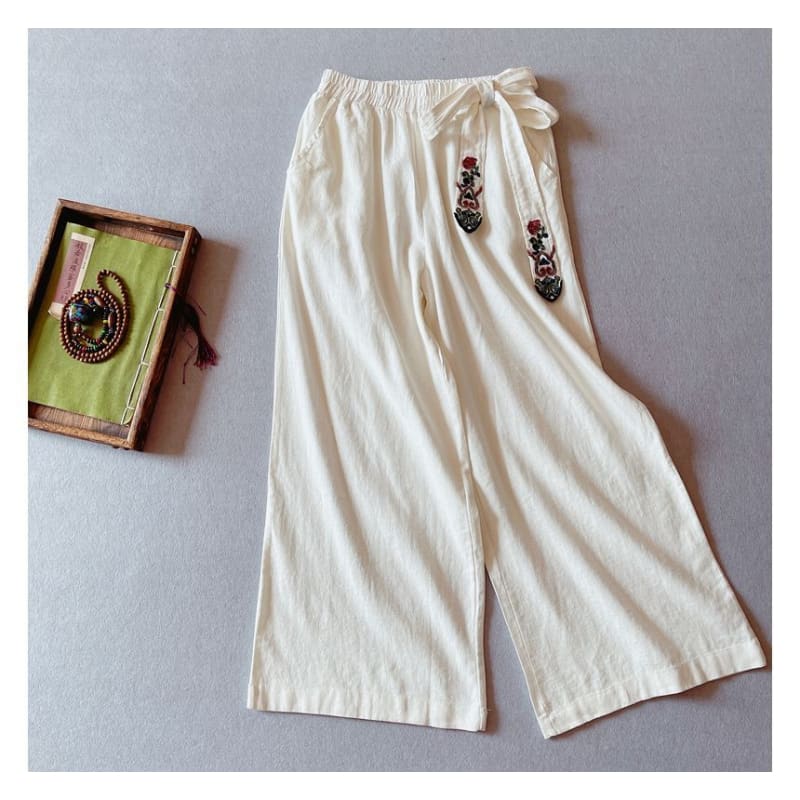 Elastic Waist Embroidered Wide Leg Pants