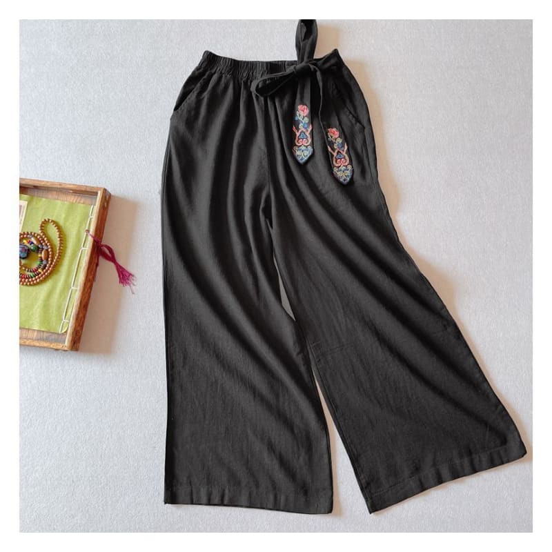 Elastic Waist Embroidered Wide Leg Pants