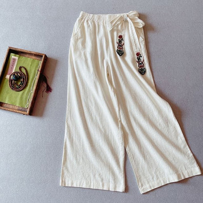 Elastic Waist Embroidered Wide Leg Pants - White / One Size