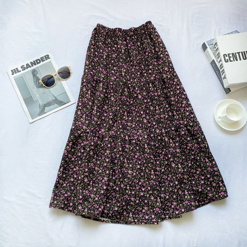 Elastic Waist Floral Tiered Corduroy Midi A-Line Skirt