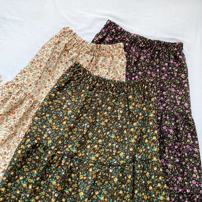 Elastic Waist Floral Tiered Corduroy Midi A-Line Skirt