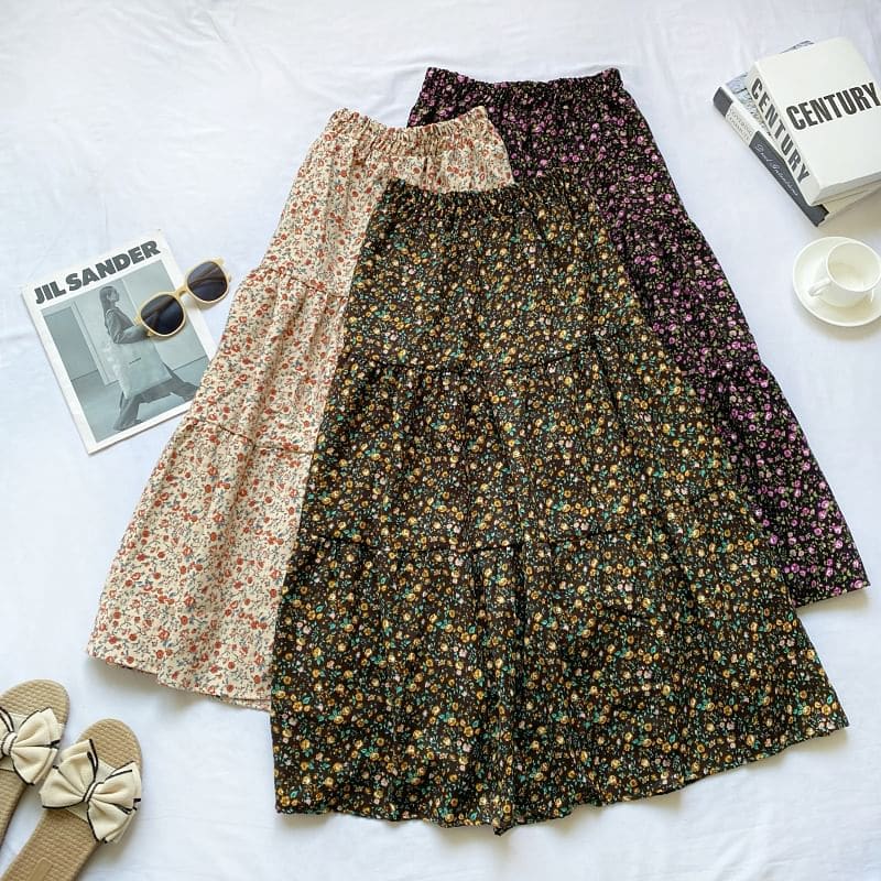 Elastic Waist Floral Tiered Corduroy Midi A-Line Skirt