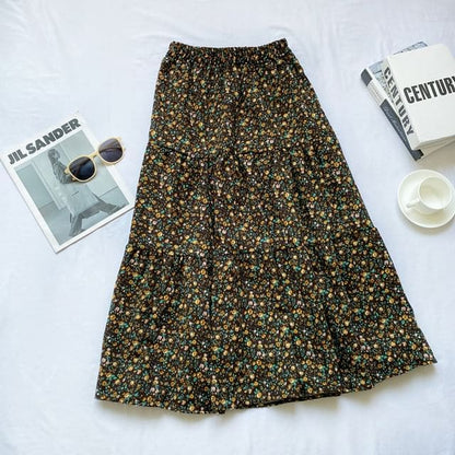 Elastic Waist Floral Tiered Corduroy Midi A-Line Skirt