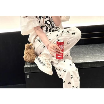 Elastic Waist Paw Print Loose Fit Pants