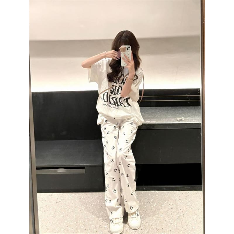 Elastic Waist Paw Print Loose Fit Pants