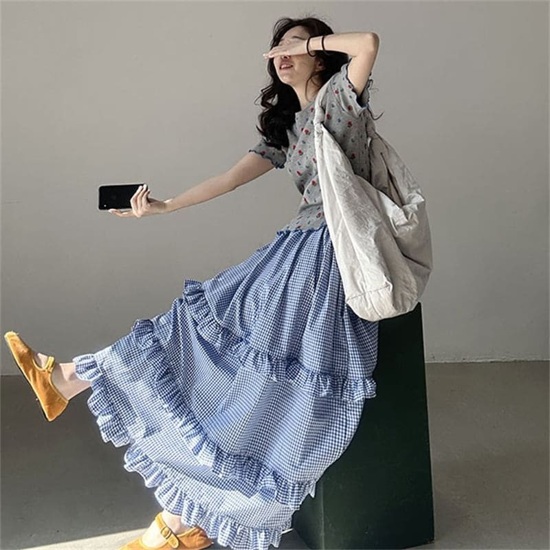 Elastic Waist Plaid Ruffle Maxi A-Line Skirt