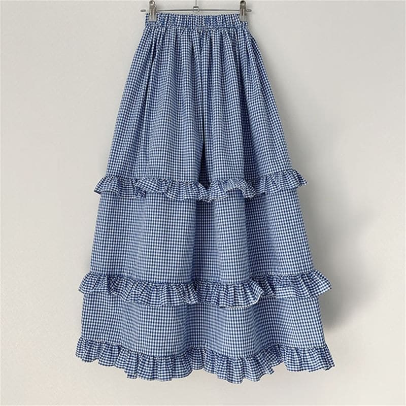 Linane Rätik Ruffle Elastic Waist Plaid Ruffle Maxi A-Line Skirt – KawaiiMoriStore