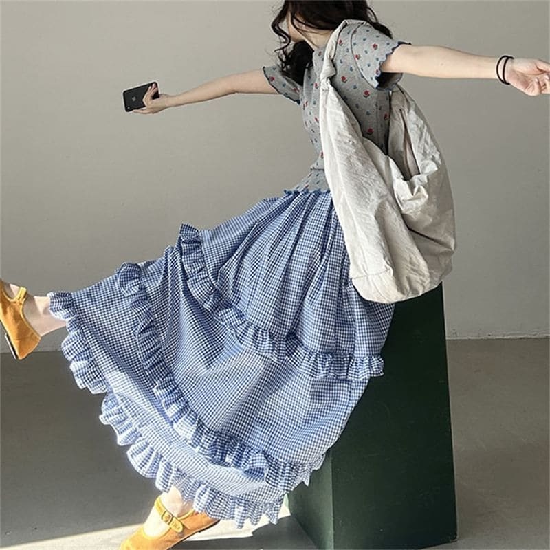 Elastic Waist Plaid Ruffle Maxi A-Line Skirt