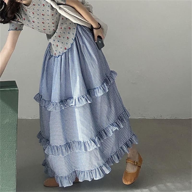 Elastic Waist Plaid Ruffle Maxi A-Line Skirt