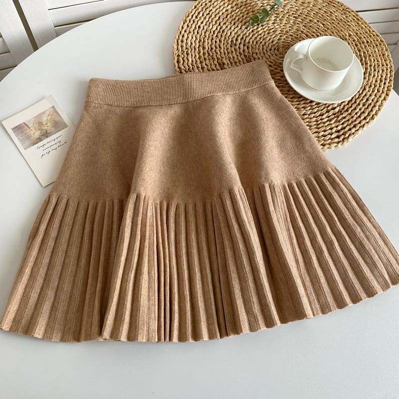 Elastic Waist Plain Accordion Pleated Mini A-Line Knit Skirt