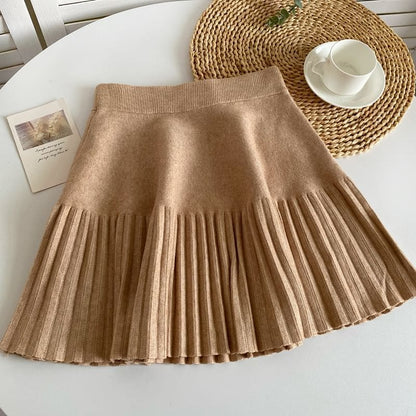 Elastic Waist Plain Accordion Pleated Mini A-Line Knit Skirt