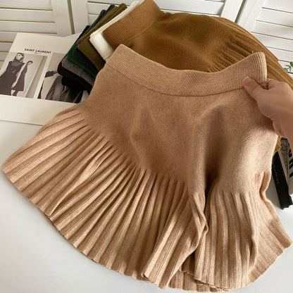 Elastic Waist Plain Accordion Pleated Mini A-Line Knit Skirt