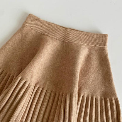 Elastic Waist Plain Accordion Pleated Mini A-Line Knit Skirt