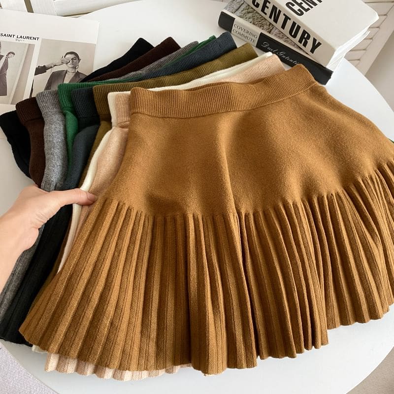 Elastic Waist Plain Accordion Pleated Mini A-Line Knit Skirt