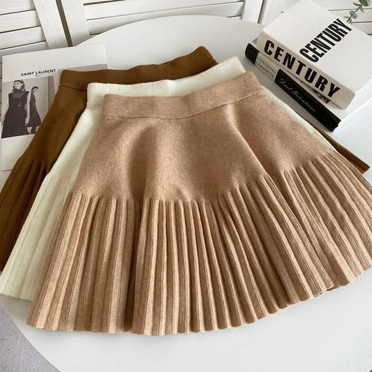 Elastic Waist Plain Accordion Pleated Mini A-Line Knit Skirt