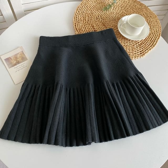 Elastic Waist Plain Accordion Pleated Mini A-Line Knit