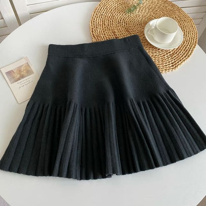 Elastic Waist Plain Accordion Pleated Mini A-Line Knit