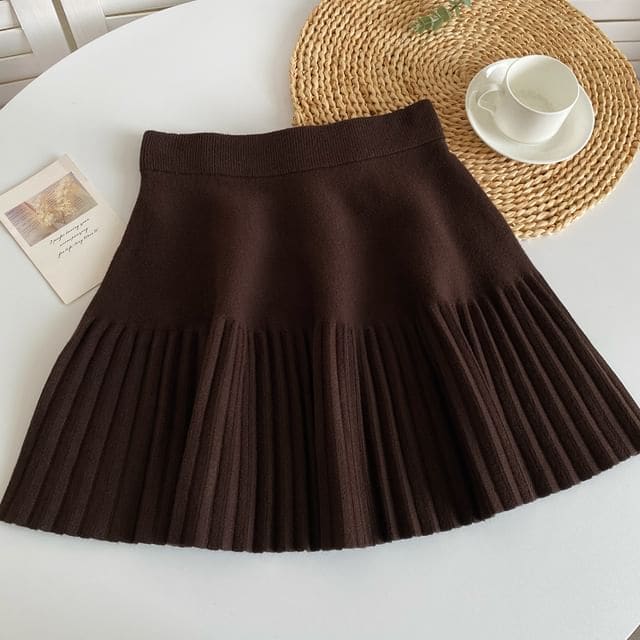 Elastic Waist Plain Accordion Pleated Mini A-Line Knit