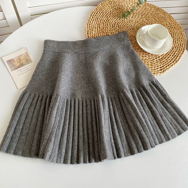 Elastic Waist Plain Accordion Pleated Mini A-Line Knit