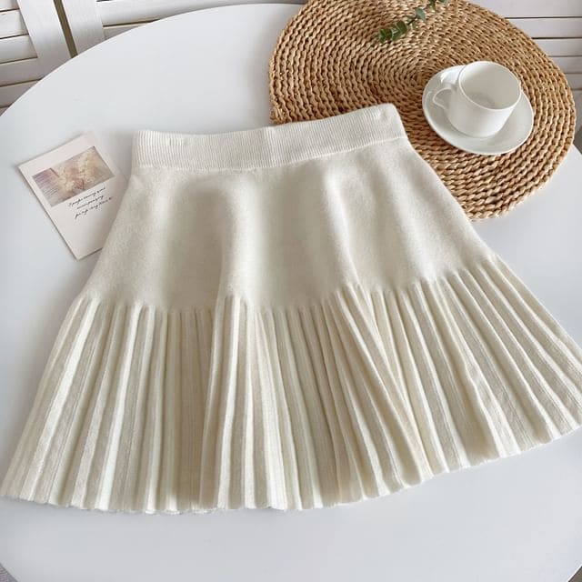 Elastic Waist Plain Accordion Pleated Mini A-Line Knit