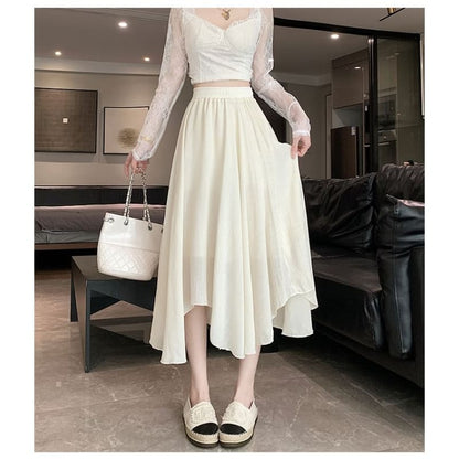 Elastic Waist Plain Asymmetrical Midi