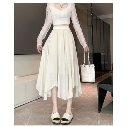 Elastic Waist Plain Asymmetrical Midi