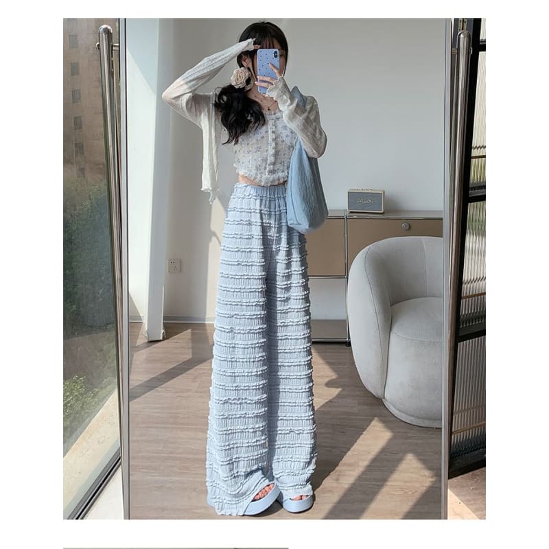 Elastic Waist Plain Frill Wide Leg Pants