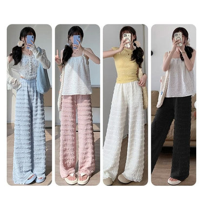 Elastic Waist Plain Frill Wide Leg Pants