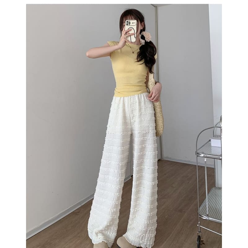 Elastic Waist Plain Frill Wide Leg Pants